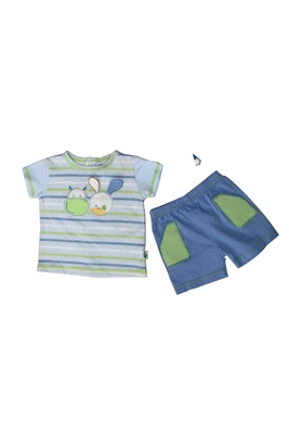 Baby Cloth Set 2 PCS Yarn Dye Stripes With Rabbit  Embroidery