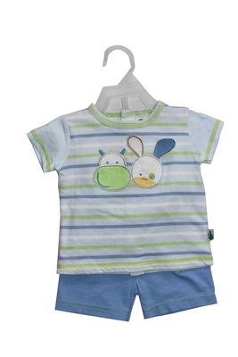 Baby Cloth Set 2 PCS Yarn Dye Stripes With Rabbit  Embroidery