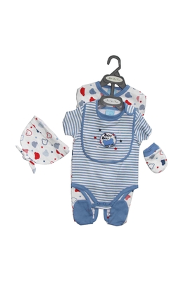 Sky Blue 5 Pc  Bear Baby Clothes Set Sleepsuit Bodysuit Hat Mittens Bib