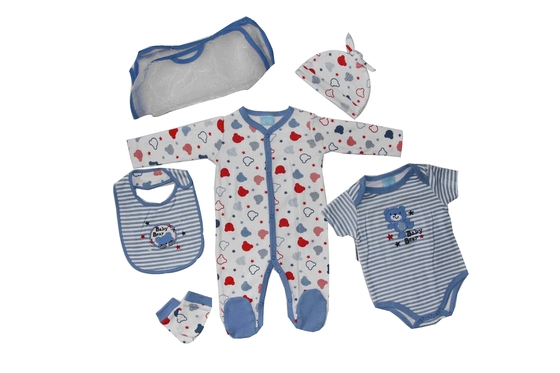 Sky Blue 5 Pc  Bear Baby Clothes Set Sleepsuit Bodysuit Hat Mittens Bib